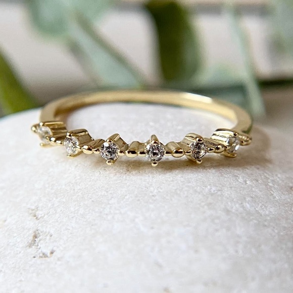Dainty 14k Gold Plated CZ Ring 925 Sterling Silver Minimalist Stacking Ring - Picture 1 of 6